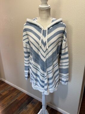 Chaps - Striped Hooded Knit Sweater - White and Light Blue - Size XL